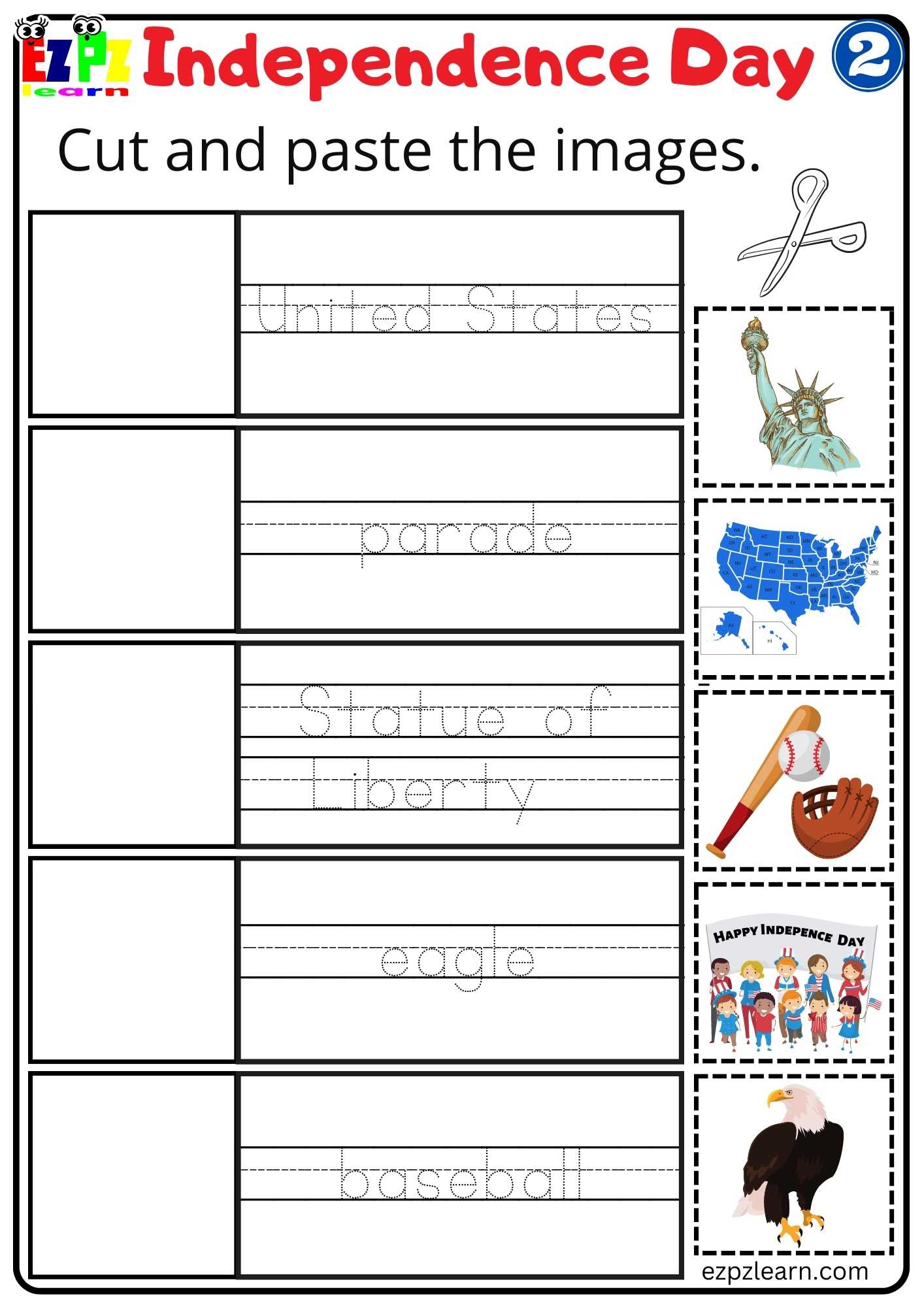 Cut and Paste Worksheet for Independence Day Group 2